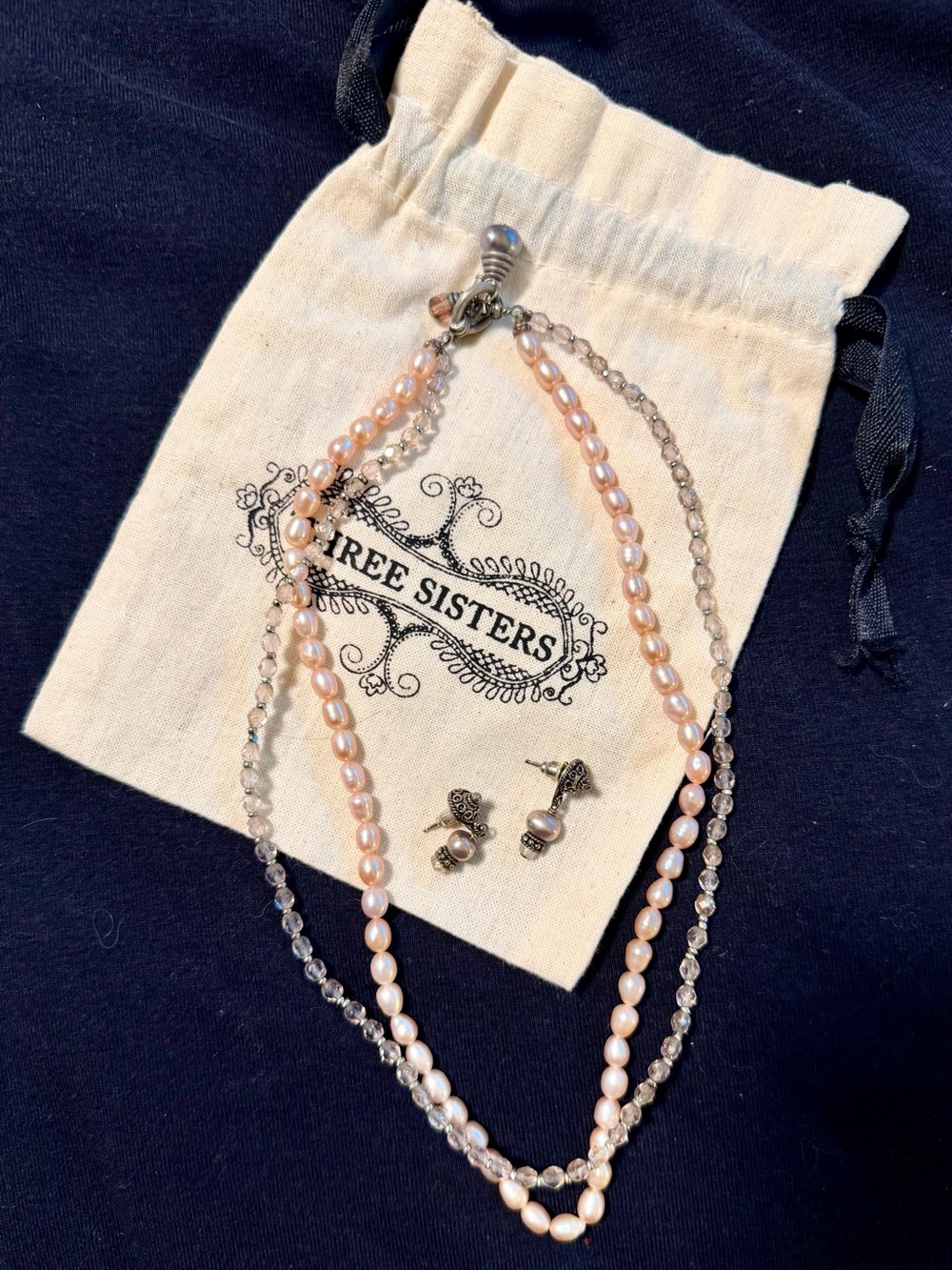 Three Sisters Pink Pearl Crystal Double Strand Necklace Earrings Set